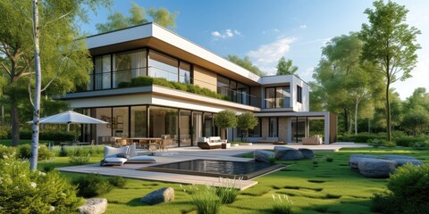 Fototapeta na wymiar Modern house with a pool, sunny summer weather