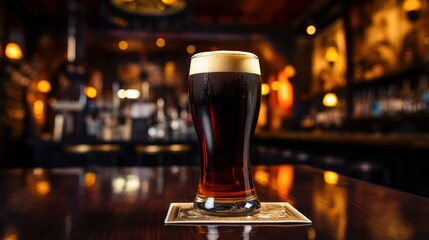 Glass of dark beer on a bar counter in a pub or restaurant Generative AI - obrazy, fototapety, plakaty