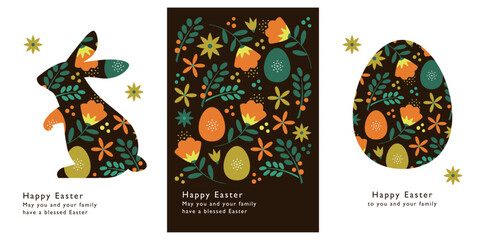 3 Easter design set. Easter rabbit, Easter egg and flowers.
