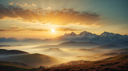 Obraz premium image of golden sunrise illuminating the misty mountains. The soft gradients and ethereal atmosphere can inspire breathtaking digital art pieces