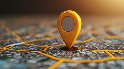 GPS Pointer on map. Yellow navigation Symbol. Element icon for Map, travel marker show location. Direction position. Right destination. Transportation point on globe atlas. Cartography concept. - obrazy, fototapety, plakaty
