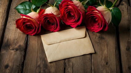 red roses with letter, on wooden background, copy text