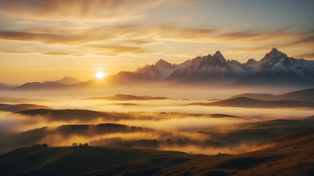 image of golden sunrise illuminating the misty mountains. The soft gradients and ethereal atmosphere can inspire breathtaking digital art pieces