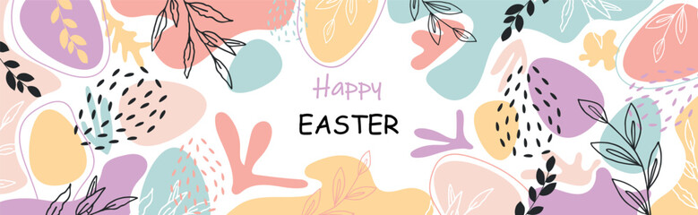 Easter banner, floral design with lettering and eggs. Easter card.