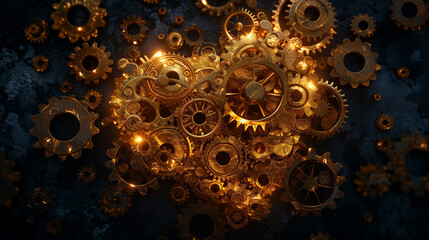 A seamless pattern of interlocking golden gears forming a heart shape. Generative ai.