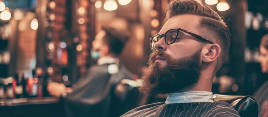 Hipster with confidence receives barbershop services and salon advertisement.
