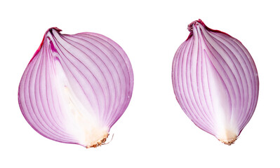 Top view of fresh red or purple onion half and slice or quarter in set isolated with clipping path in png file format