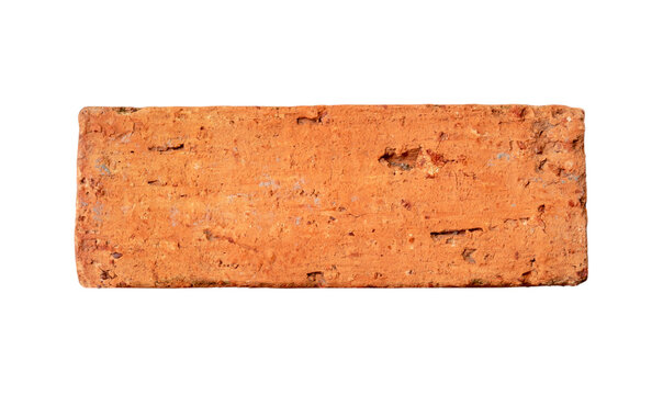 Top view of single old cracked red or orange brick isolated with clipping path in png file format