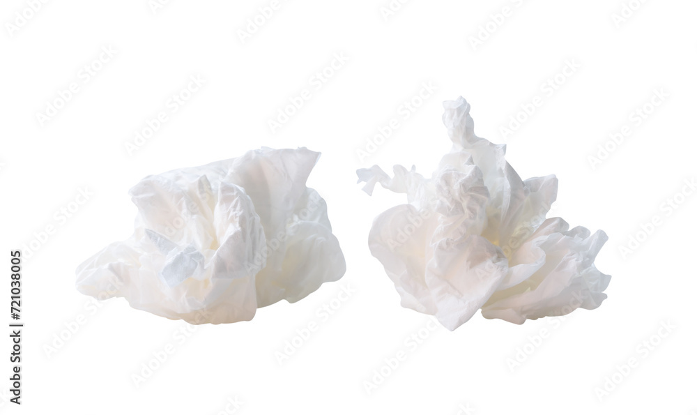 Wall mural Front view of white screwed or crumpled tissue paper or napkin in set in strange shape after use in toilet or restroom isolated with clipping path in png file format