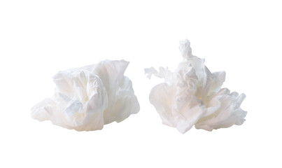 Front view of white screwed or crumpled tissue paper or napkin in set in strange shape after use in...
