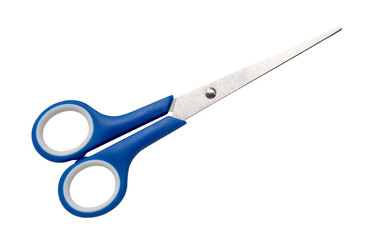 Top view of multipurpose scissors with blue handle isolated on white background with clipping path