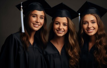 Three happy female graduates in black gowns and hats smiling at camera. Generative AI