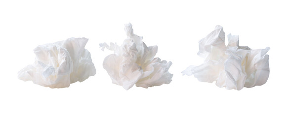 Front view of white screwed or crumpled tissue paper or napkin in set and strange shape after use in toilet or restroom isolated on white background with clipping path