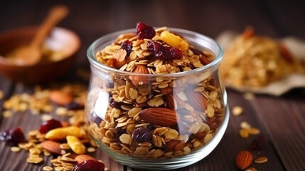 homemade granola with dried fruits and nuts in a glass jar Generative AI - obrazy, fototapety, plakaty