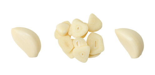Top view set of garlic clove and slices or pieces isolated on white background with clipping path