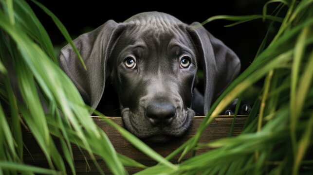 Cute black puppy of Great Dane in wooden box on green grass background Generative AI