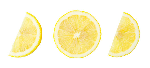 Top view of yellow lemon half and slices in set isolated with clipping path in png file format