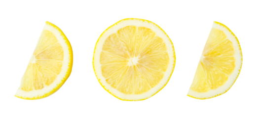 Top view of yellow lemon half and slices in set isolated with clipping path in png file format