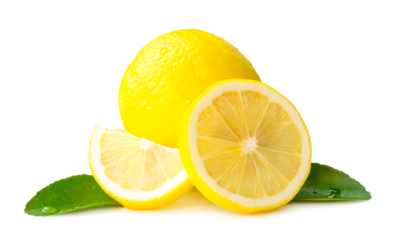 Front view of yellow lemon fruit with slices and leaves isolated with clipping path and shadow in png file format