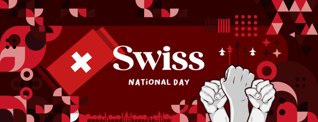 Fototapeta premium Swiss National Day banner in colorful modern geometric style. National Independence Day greeting card cover with typography. Illustration banner for Switzerland national holiday celebration party