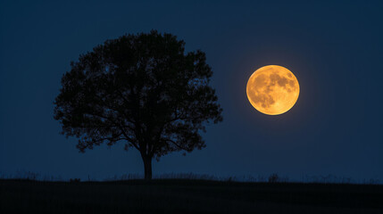 Bright and large supermoon over a tree