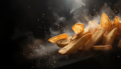 Hot and freshly made potato wedges on black background with copy space for text. Crispy potato chips with hot steam, pieces and crumbs on dark surface. Generative AI. - obrazy, fototapety, plakaty