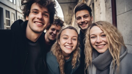Group of young people standing in a row on the street and smiling Generative AI