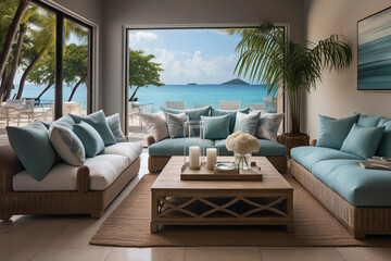 Fototapeta na wymiar Dive into the coastal charm of a modern living room in a seaside house, featuring fabric sofas adorned with vibrant turquoise pillows. 