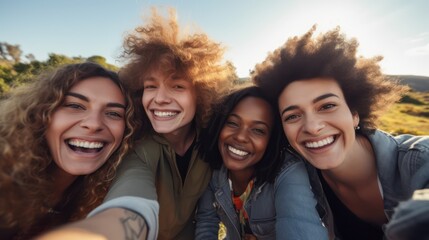 Group of friends taking a selfie outdoors. They are laughing and having fun. Generative AI