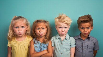 Group of children making funny faces over blue background. Emotions concept Generative AI