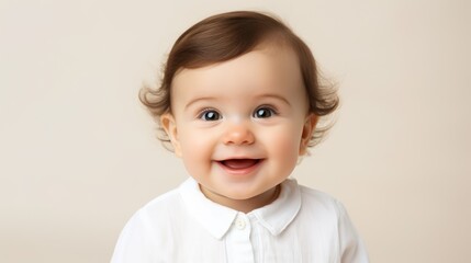 Portrait of a cute smiling little baby boy, over beige background Generative AI