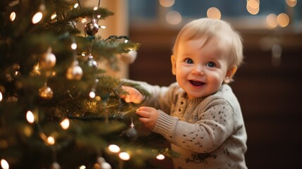 Fototapeta na wymiar Adorable baby girl decorating Christmas tree at home. Merry Christmas and Happy New Year! Generative AI