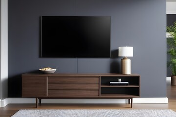 Blank modern flat screen TV hanging on wall in living room. Modern living room