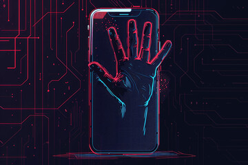 A conceptual illustration of a scammer's hand reaching out from a smartphone screen, symbolizing online fraud and cybersecurity threats, Circuit symbol on the background