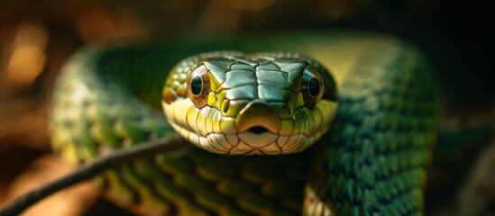 Fototapeta premium Western Whip Snake (Coluber viridiflavus): A Mesmerizing Encounter with the Western Whip Snake (Coluber viridiflavus) in the Wild