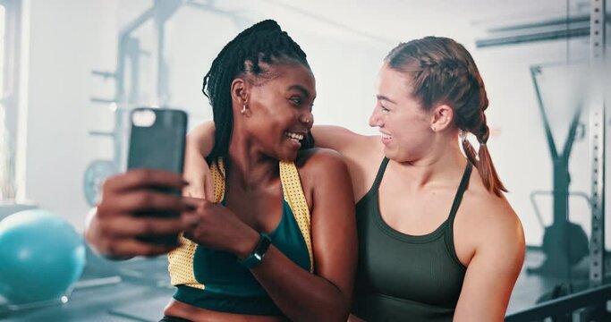 Selfie, fitness and girl friends in gym for health, wellness and body exercise together. Happy, sports and young women athletes with photography picture for workout in training center or studio.