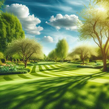 eautiful blurred background image of spring nature with a neatly trimmed lawn surrounded by trees against a blue sky with clouds on a bright sunny day.
