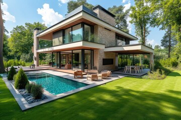 Modern house with a pool, sunny summer weather