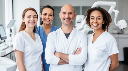 portrait of smiling medical team standing with crossed arms in dental clinic Generative AI