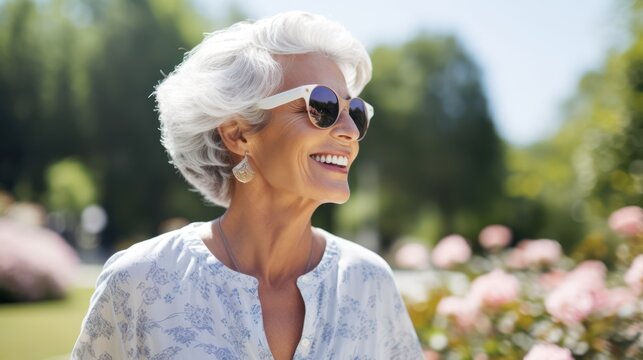 summer holidays, vacation, travel and people concept - smiling senior woman in sunglasses over park background Generative AI