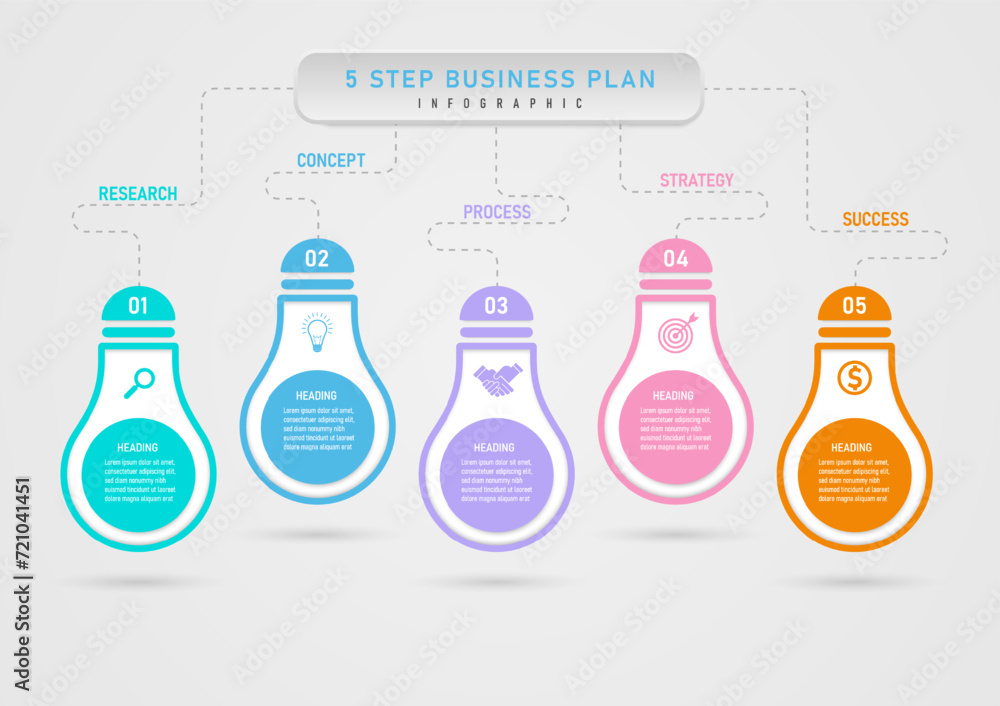 Poster infographic template 5 steps business planning for success multi colored light bulbs on top with num