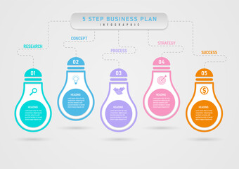 Infographic template 5 steps business planning for success multi colored light bulbs on top with numbers in the middle with icons The circle below has text. Lines and letters with top buttons