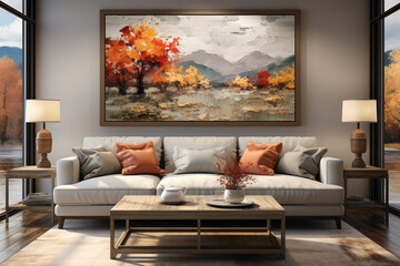 Embellish your living room with a simple frame housing a mesmerizing nature painting, adding a touch of elegance and the outdoors to your home.