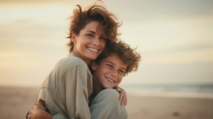 Portrait of mother and son hugging and smiling at camera on the beach Generative AI
