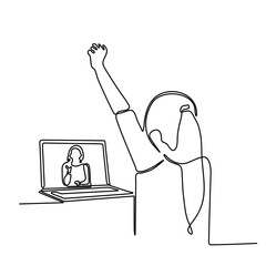 continuous line art of woman making video call via laptop