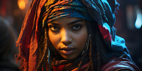 Hooded African Woman in Cyberpunk Style Clothes