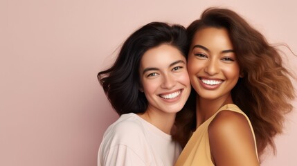 Portrait of two happy multiethnic women smiling at camera. Generative AI