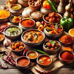 Traditional Indian spicy dishes on the wooden table