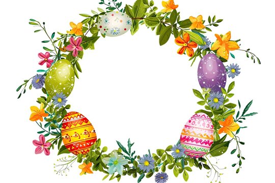 Easter wreath of herbs, flowers and Easter eggs