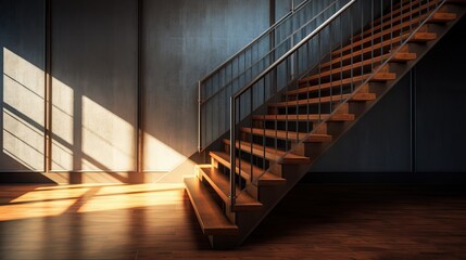 Wooden stairs in an empty room. 3d render image. Generative AI